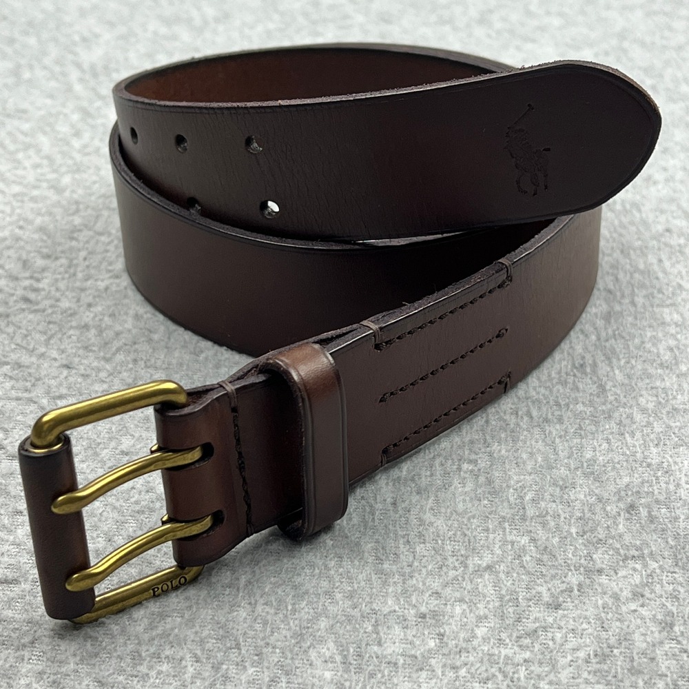 Polo Ralph Lauren Double Prong Leather Belt Mens 34 Brown Brass Buckle Logo 1.5"